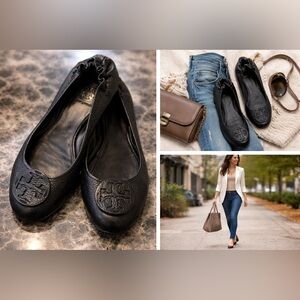 Tory Burch Reva Ballet Flats Black Leather Sz7 EUC Classic Logo Comfortable Chic